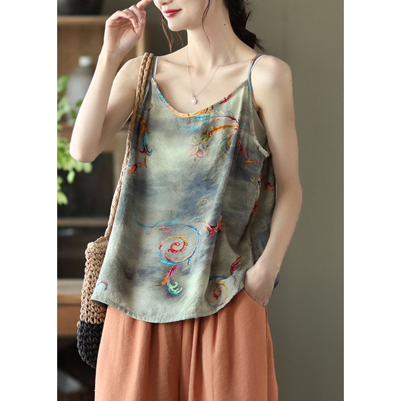 Grey Print Patchwork Linen Spaghetti Strap Tank O Neck Summer
