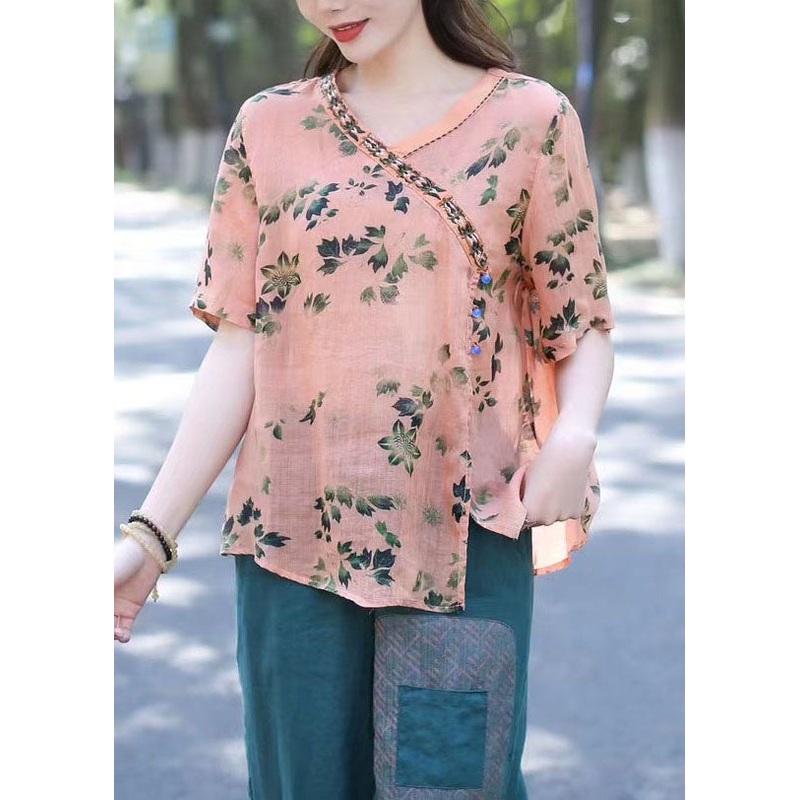 Handmade Orange V Neck Patchwork Linen Shirts Summer