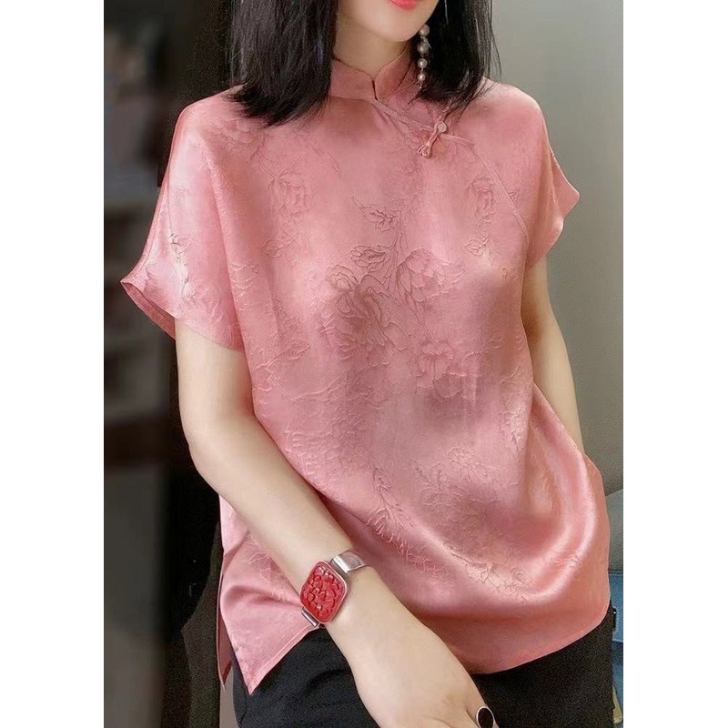 Italian Pink Jacquard Side Open Patchwork Silk Shirt Top Summer