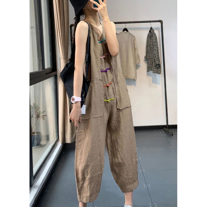 Khaki Pockets Patchwork Linen Jumpsuits Chinese Button Sleeveless