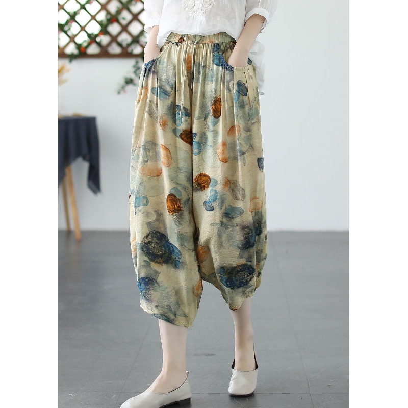 Khaki Print Pockets Patchwork Linen Crop Pants Cinched Summer