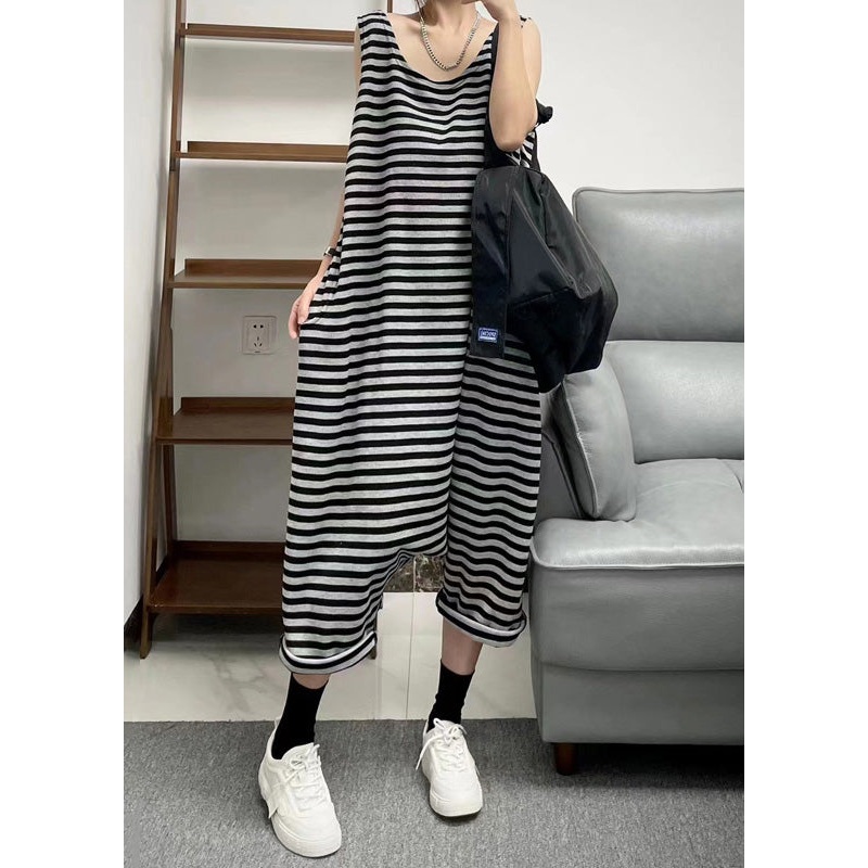 Loose Black O Neck Striped Patchwork Knitting Cotton Jumpsuit Sleeveless