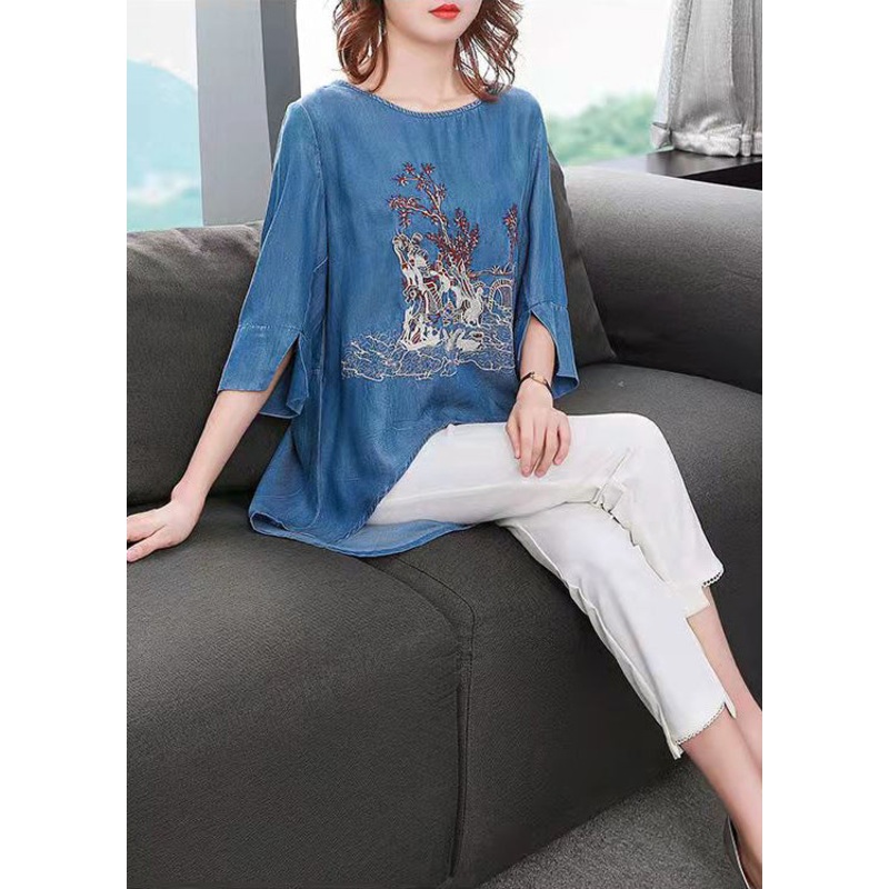 Modern Blue O-Neck side open low high design Embroideried top Half Sleeve