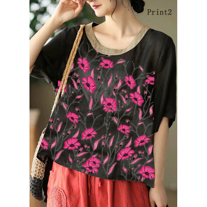 Organic Black-Print2  Embroideried Low High Design Linen Tanks Short Sleeve