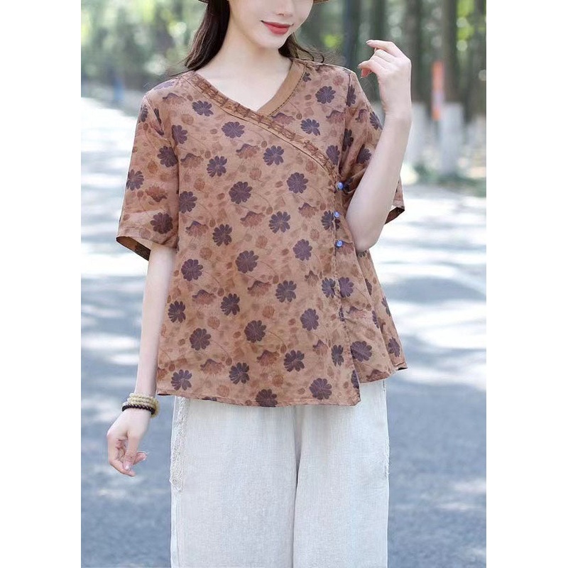 Organic Khaki Print Button Patchwork Linen Shirts Short Sleeve