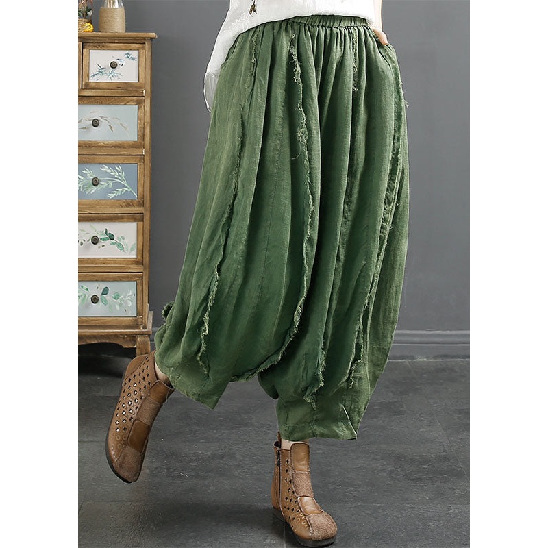 Oversized Green Pockets Wrinkled Patchwork Linen Harem Pants Summer