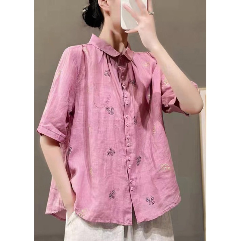 Pink Patchwork Cotton Tops Embroideried Button Peter Pan Collar Half Sleeve