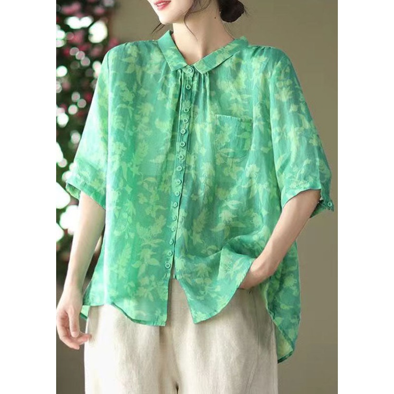 Plus Size Green Peter Pan Collar Patchwork Linen Blouses Summer
