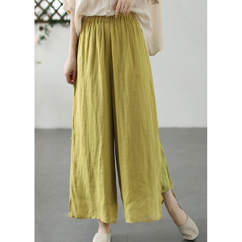 Plus Size Yellow Embroideried Patchwork Linen Wide Leg Pants Summer
