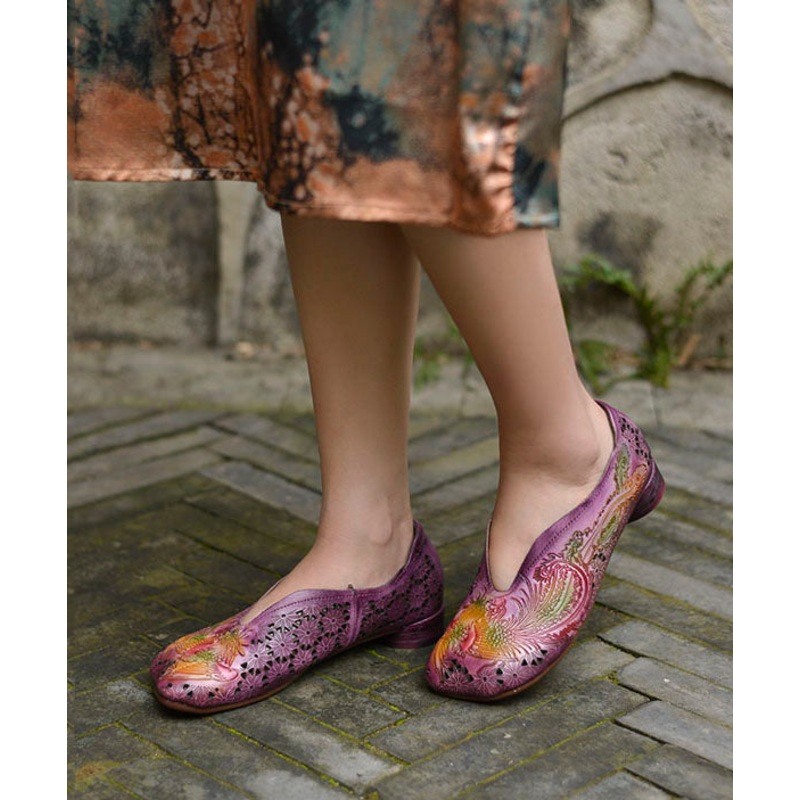 Purple Hollow Out Embossed Splicing Cowhide Leather Flat Shoes For Women