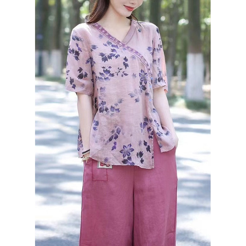Purple Print Patchwork Loose Linen Tops V Neck Summer