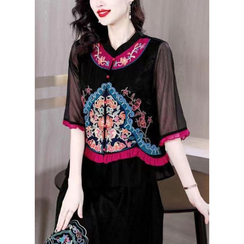 Retro Black Ruffled Embroideried Button Patchwork Chiffon Tops Summer