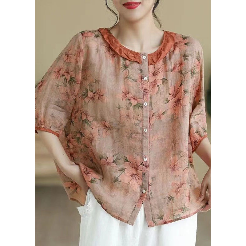 Retro Orange Ruffled Print Button Patchwork Linen Blouses Bracelet Sleeve