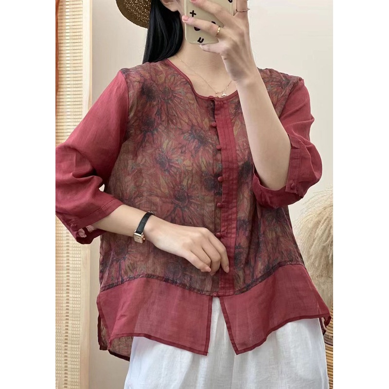 Retro Red Chinese Button Print Patchwork Linen Shirt Tops Bracelet Sleeved
