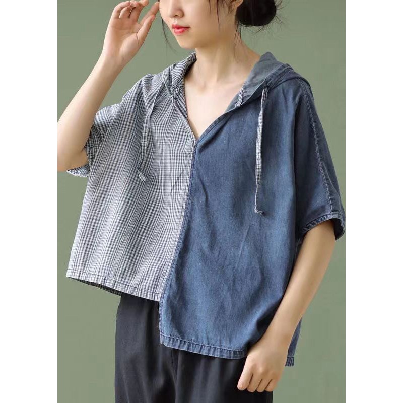 Simple Blue Hooded Asymmetrical Design Patchwork Denim T Shirt Top Summer