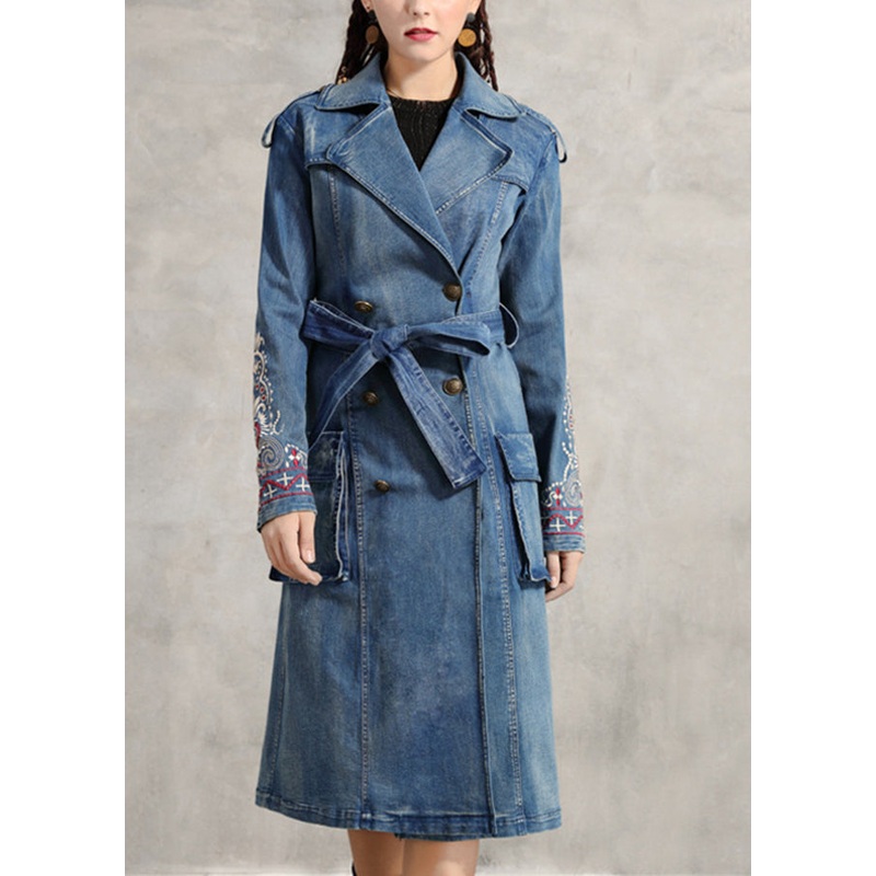 Simple Blue Peter Pan Collar Pockets Embroideried double breast Sashes Cotton Denim trench coats Spring