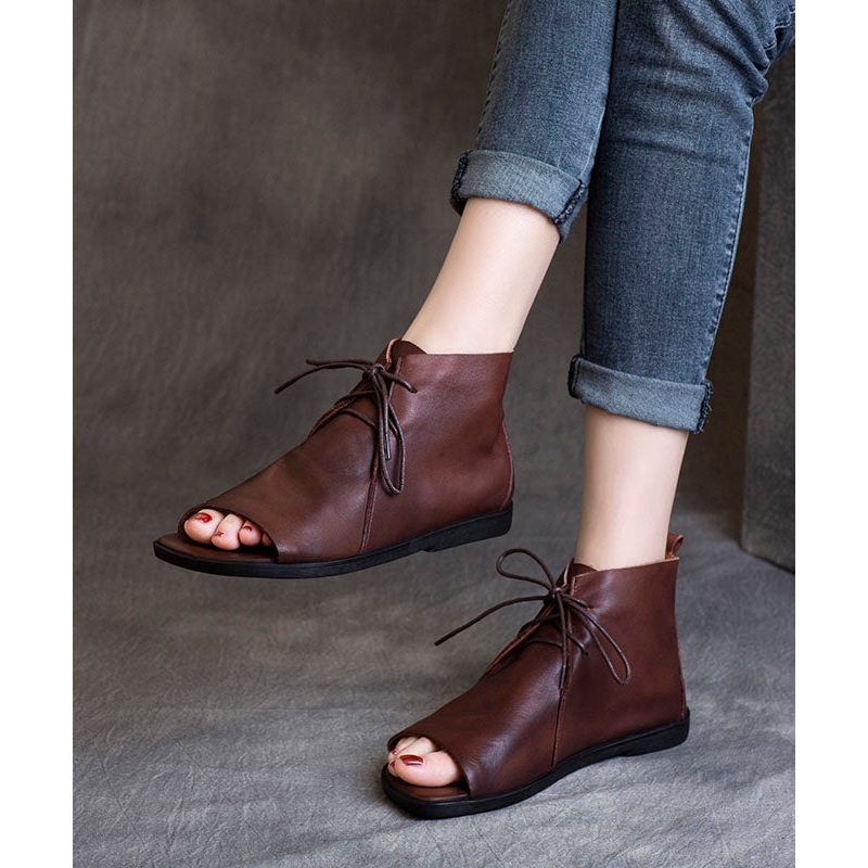 Soft Brown Flat Sandals Boots Cowhide Leather Peep Toe Splicing Lace Up