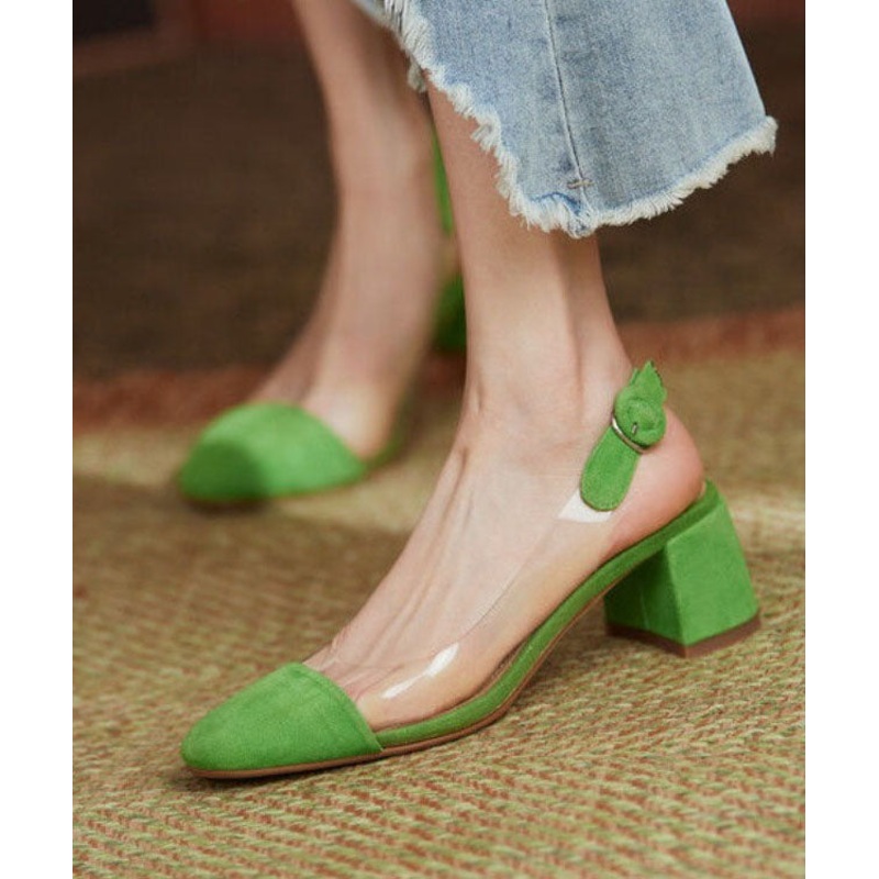 Stylish Splicing Clear Chunky High Heels Green Velour