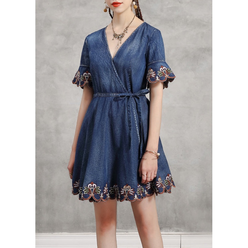 Unique Blue tie waist V Neck Embroideried Cotton Denim Dress flare sleeve
