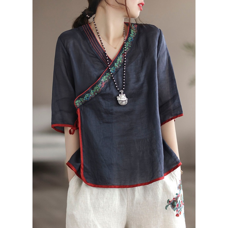 Unique Navy V Neck Embroideried Patchwork Linen Shirt Tops Summer