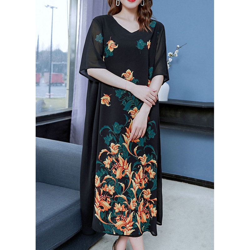 Unique Yellow V Neck Print Patchwork Chiffon Dresses Summer