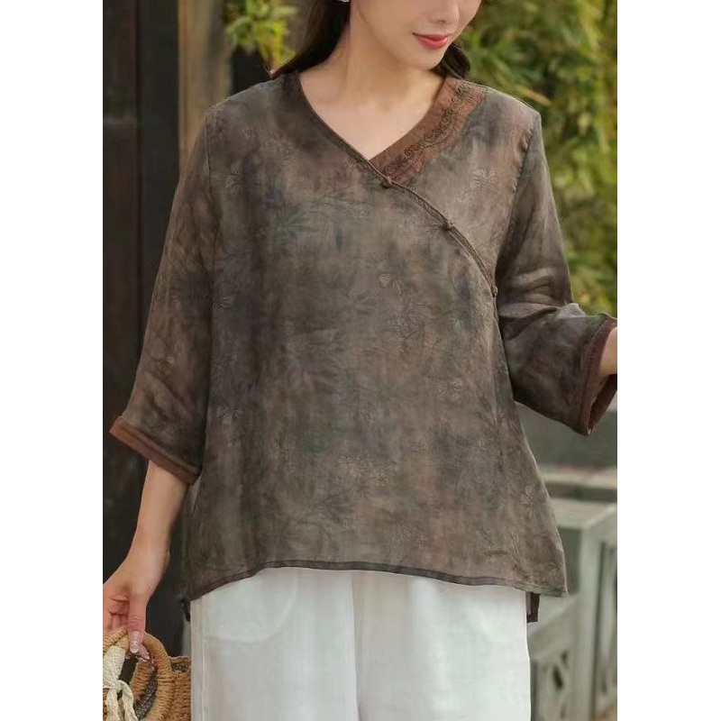 Vintage Brown Chinese Button Print Patchwork Linen Top Bracelet Sleeved