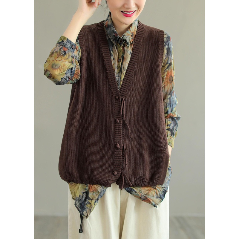 Vintage Brown V Neck Button Tassel Patchwork Knit Vest Sleeveless