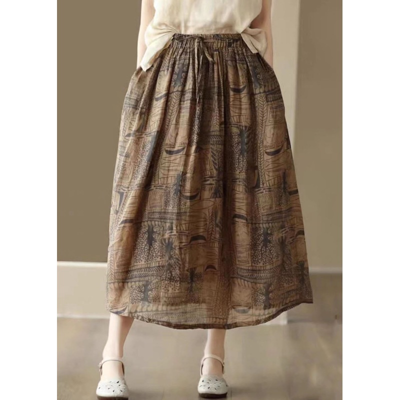 Vintage Coffee Print Cinched Patchwork Linen Skirts Summer