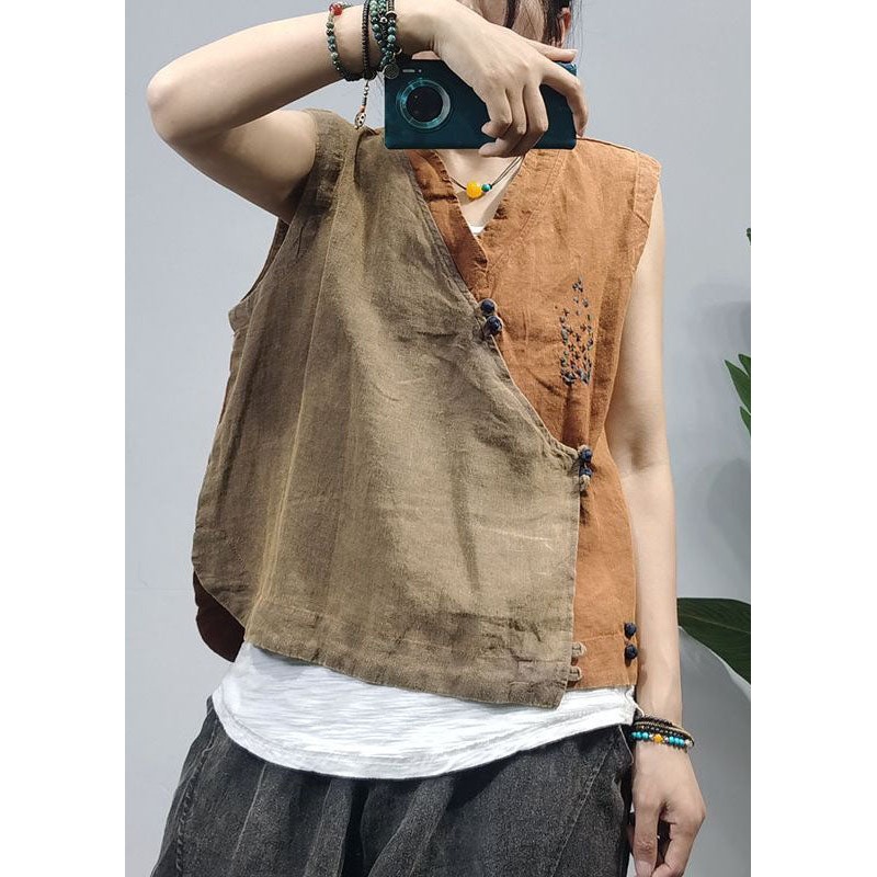 Vintage Khaki Chinese Button Patchwork Linen Vest Top Sleeveless