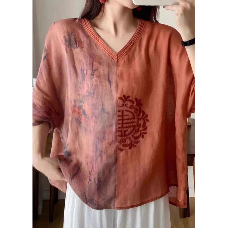 Vintage Orange V Neck Embroideried Print Patchwork Linen Shirt Tops Summer