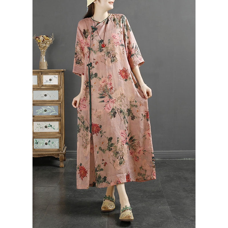 Vintage Pink Tasseled Print Patchwork Linen Dresses Summer