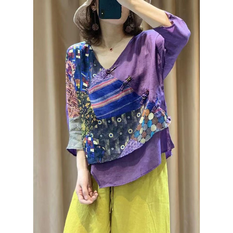 Vintage Purple Chinese Button Print Patchwork Cotton Shirt Tops Summer