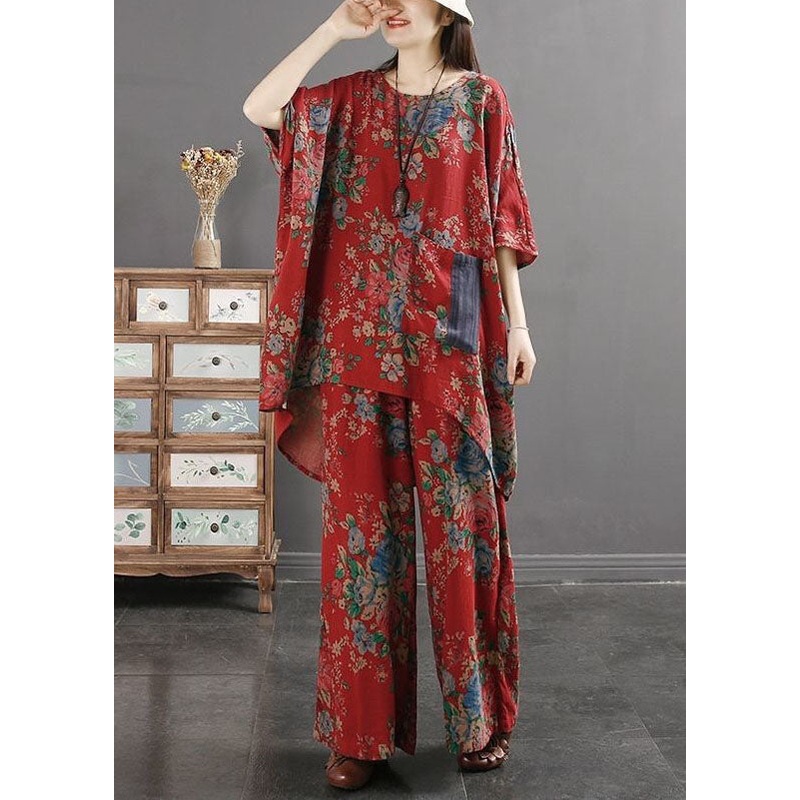 Vintage Red Print Pockets Patchwork Tops And Pants Cotton Two Pieces Set Summer