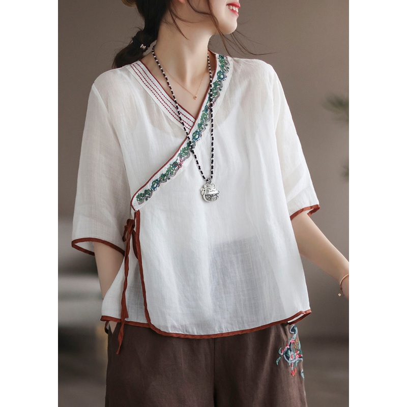 White Patchwork Linen Shirt Embroideried Lace Up Half Sleeve