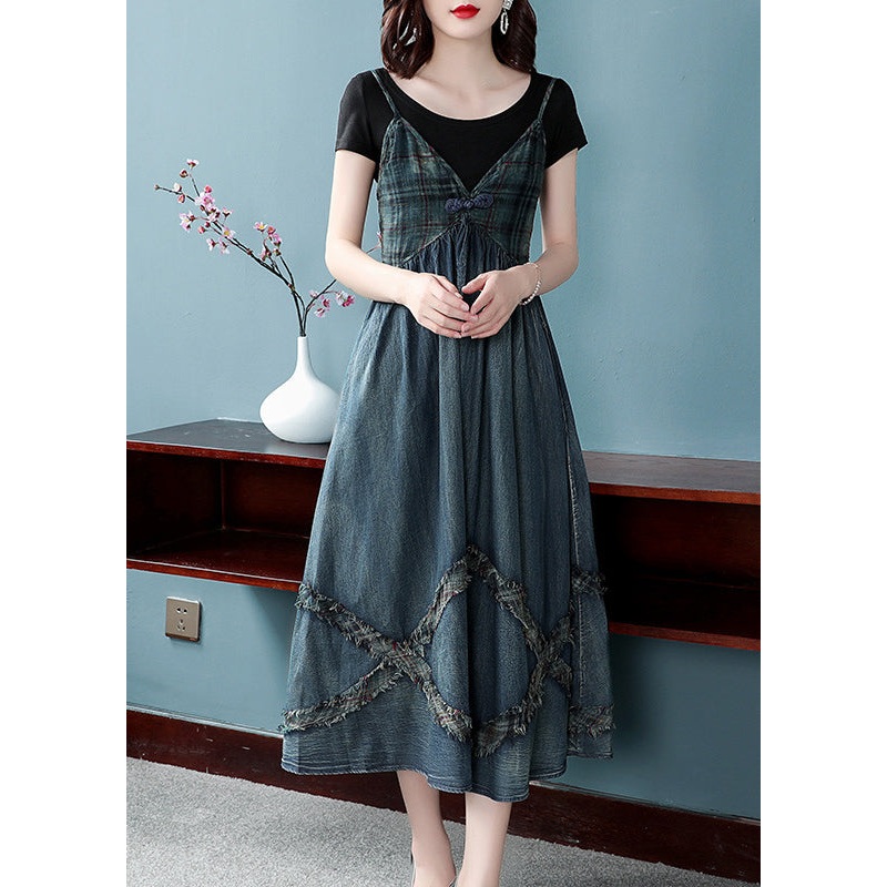 Women Blue Cinched V Neck Patchwork Spaghetti Strap Cotton Denim Dresses Spring
