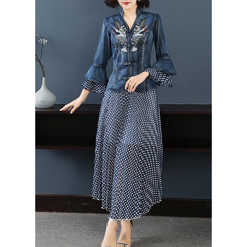 Women Blue Stand Collar Embroideried Patchwork Cotton Denim Coats Dot print Chiffon skirt Two Pieces Set flare sleeve