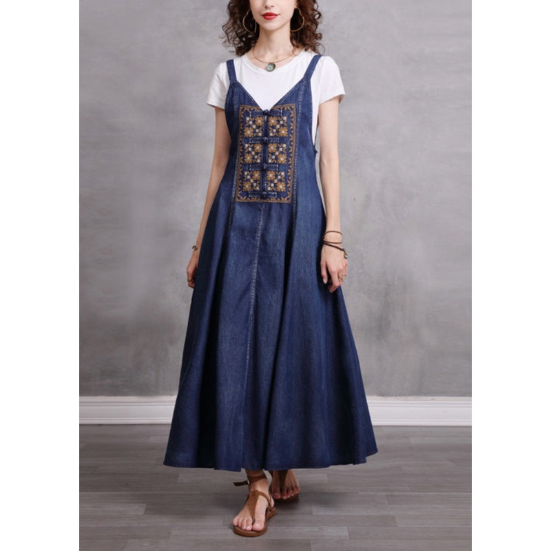 Women Blue V Neck Embroideried Spaghetti Strap Cotton Long Dress Sleeveless