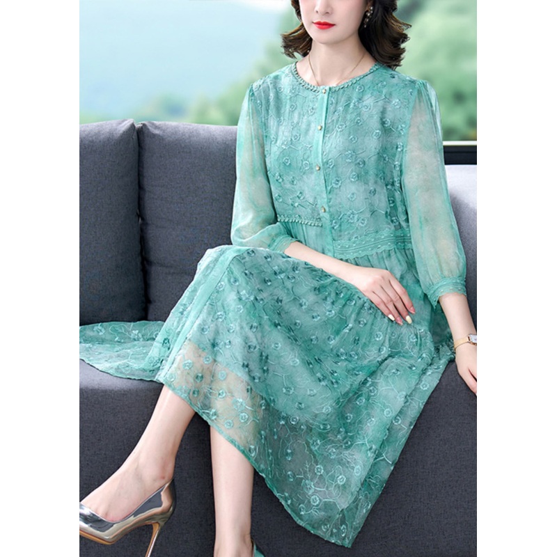 Women Green Embroideried Patchwork Silk Mid Dress Summer