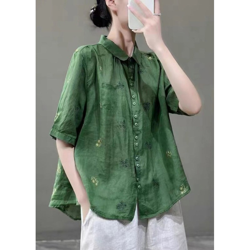 Women Green Peter Pan Collar Embroideried Patchwork Cotton Shirts Top Summer