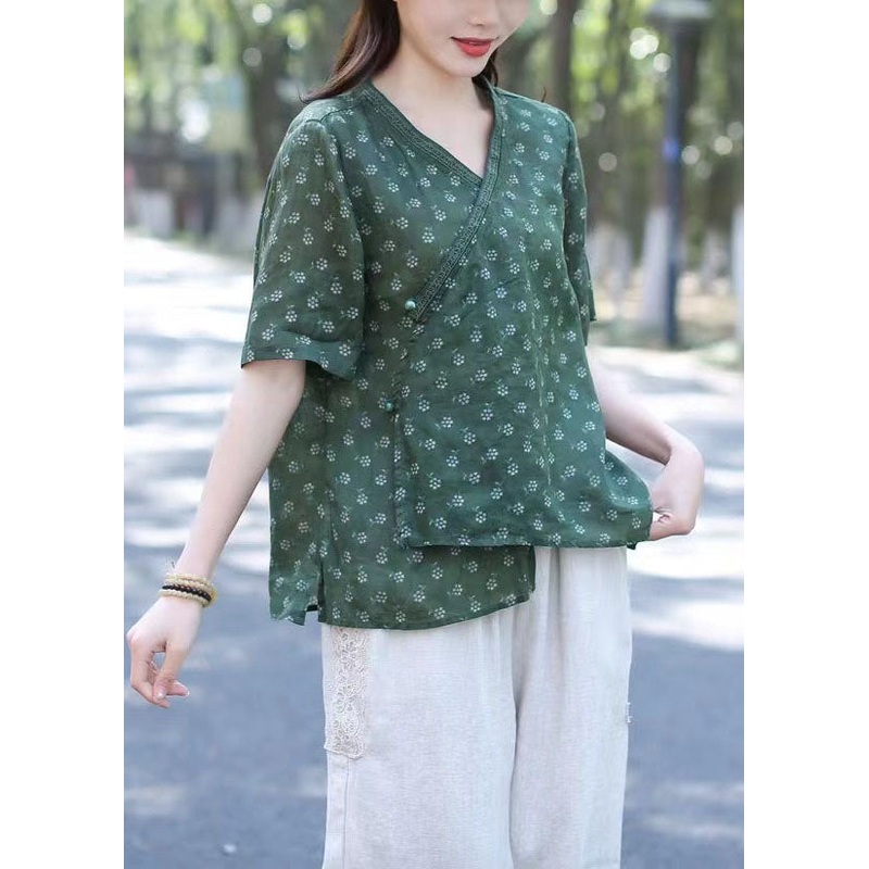 Women Green V Neck Print Patchwork Linen Blouses Summer