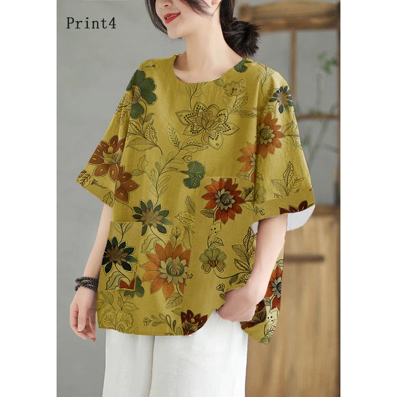 Women Print4  O Neck Print Patchwork Linen T Shirt Top Summer