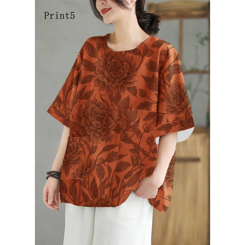 Women Print5  O Neck Print Patchwork Linen T Shirt Top Summer