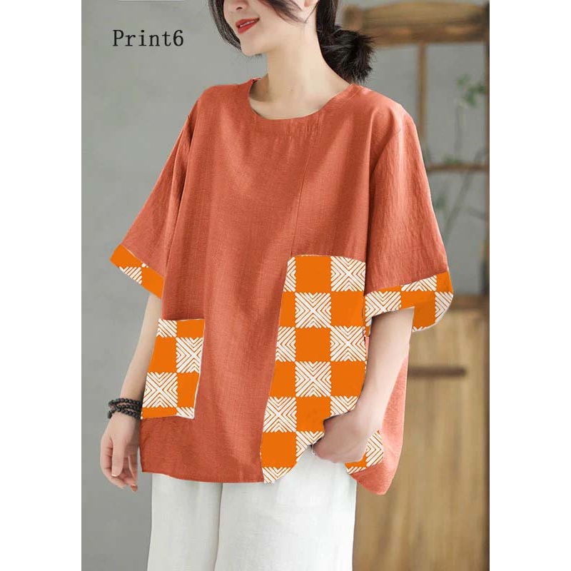Women Print6  O Neck Print Patchwork Linen T Shirt Top Summer