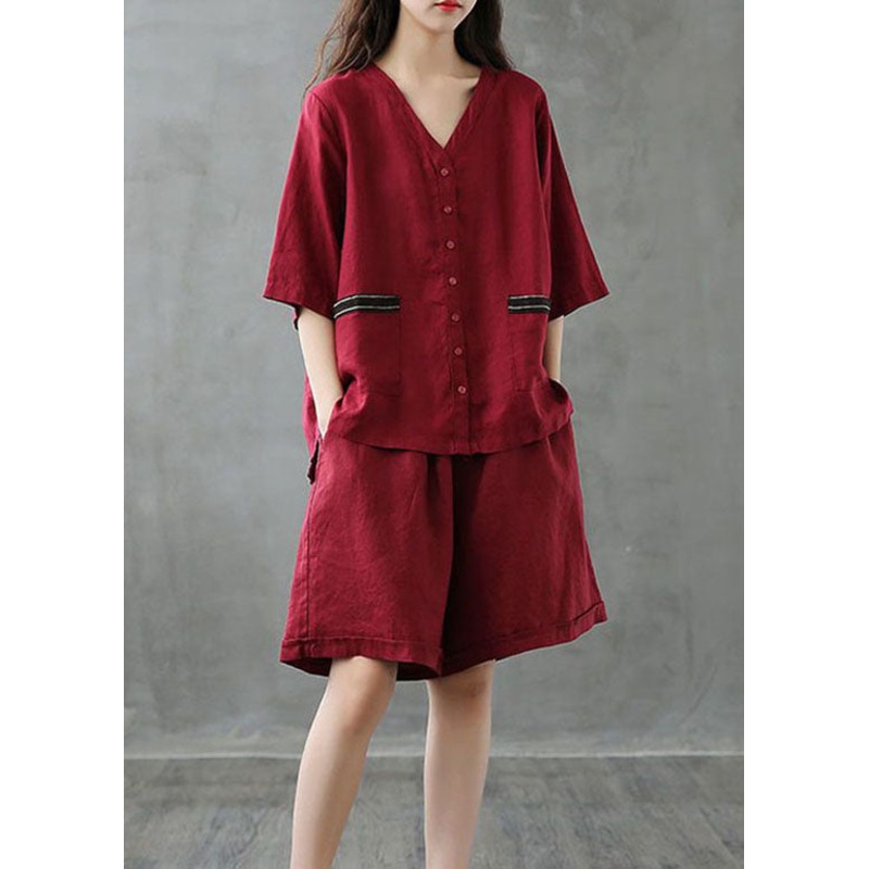 Women Red Button Patchwork Tops And Shorts Linen Two Pieces Set Summer