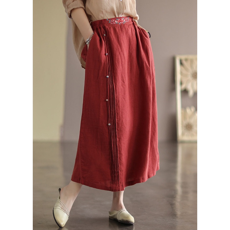 Women Red Wrinkled Embroideried Patchwork Cotton Skirts Summer