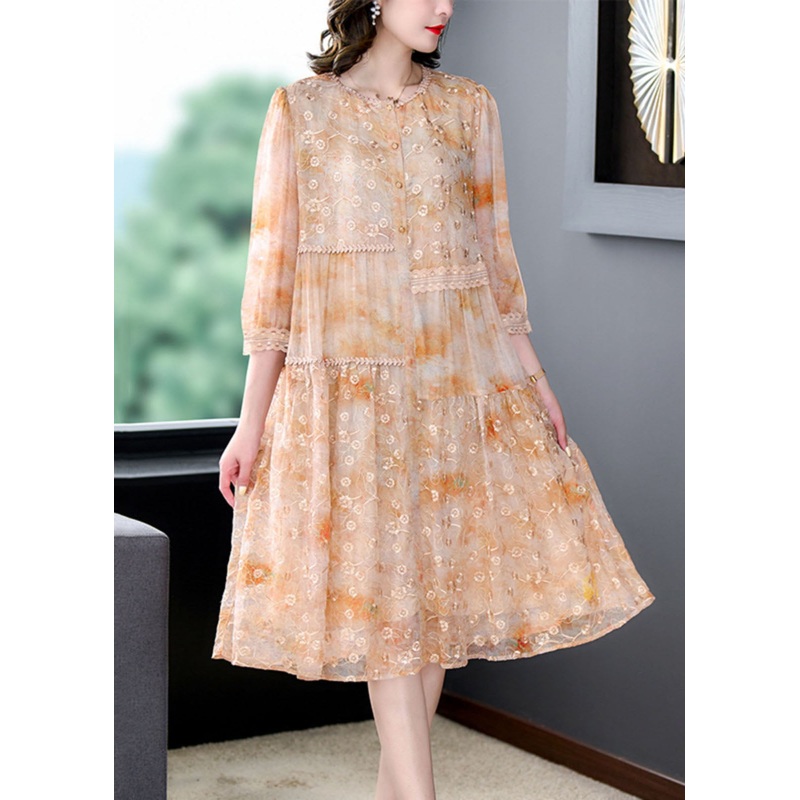 Yellow Patchwork Silk Dress Embroideried Wrinkled Summer