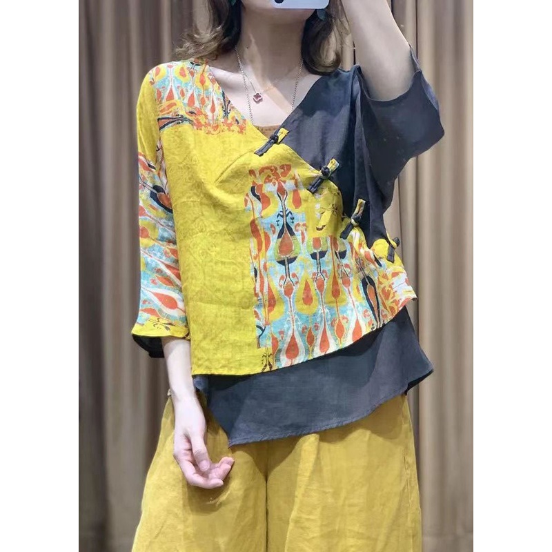 Yellow Print Patchwork Cotton Blouses Asymmetric V Neck Bracelet Sleeved
