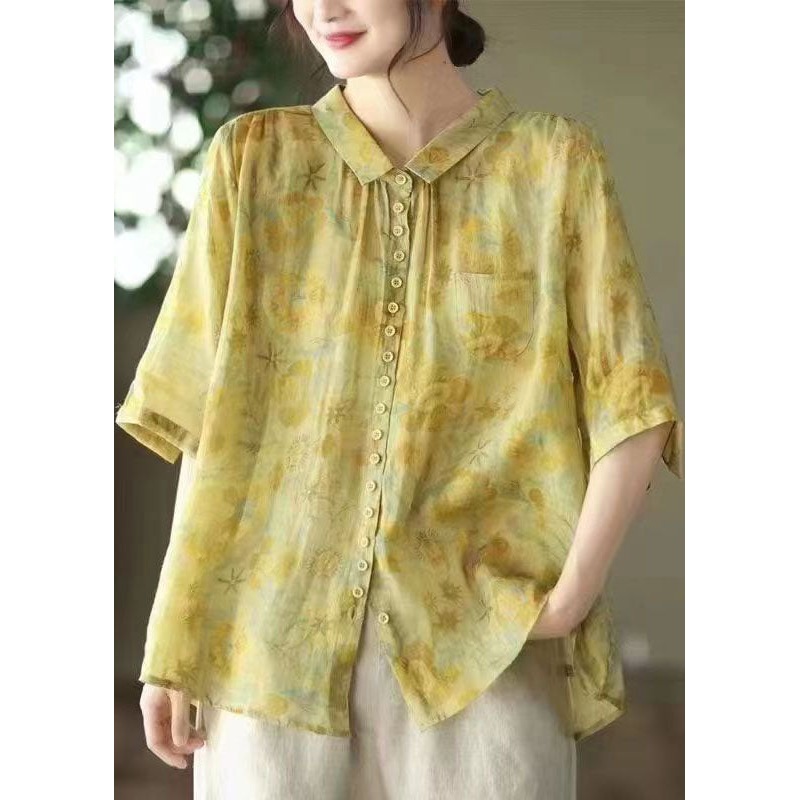 Yellow Print Patchwork Linen Top Peter Pan Collar Button Summer
