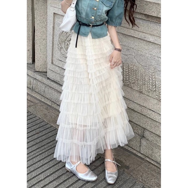Art Beige Elastic Waist Tulle Maxi Cake Skirts Summer