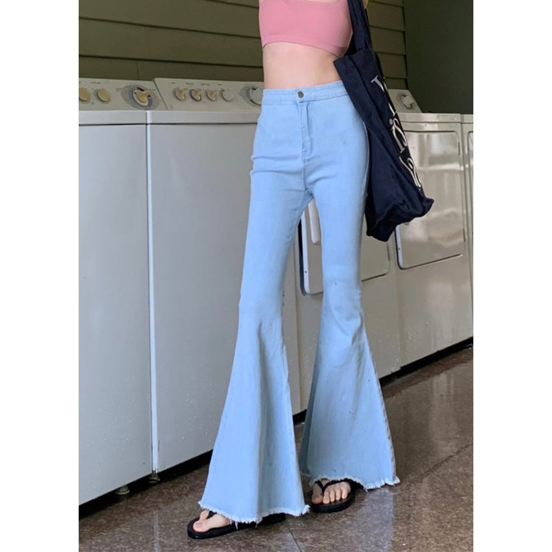 Art Light Blue Pockets Patchwork Flared Trousers Summer